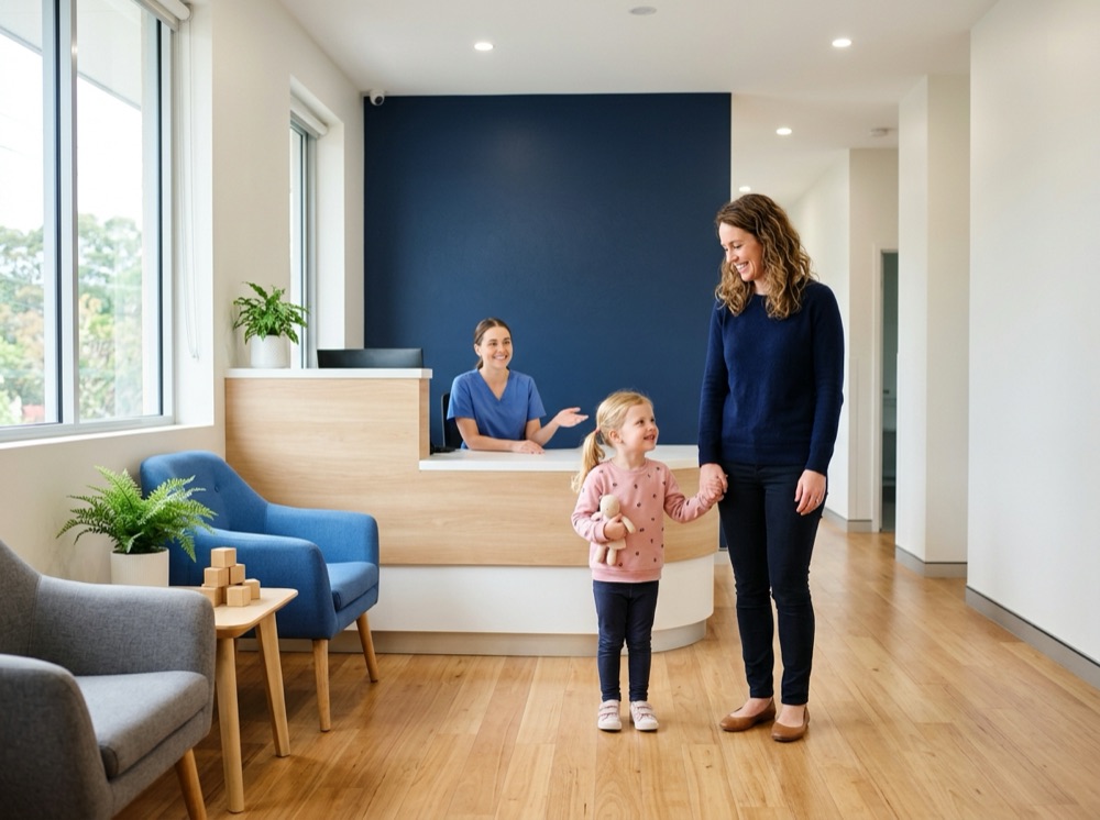 famille accueillie dans un cabinet dentaire moderne