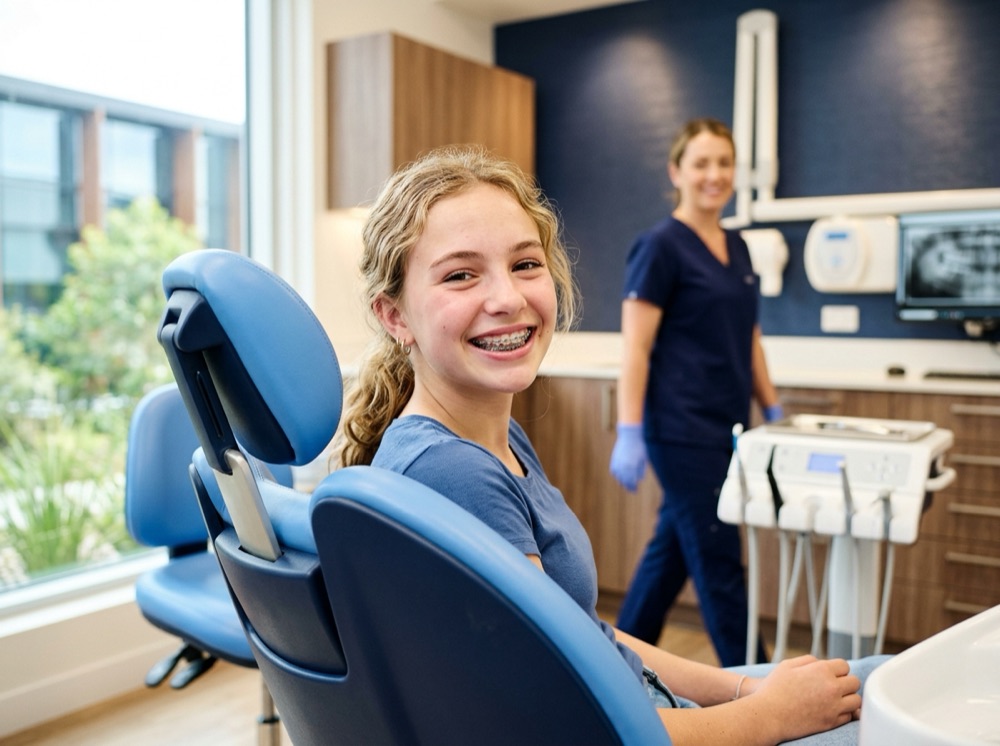 adolescent avec bagues dentaires chez l'orthodontiste
