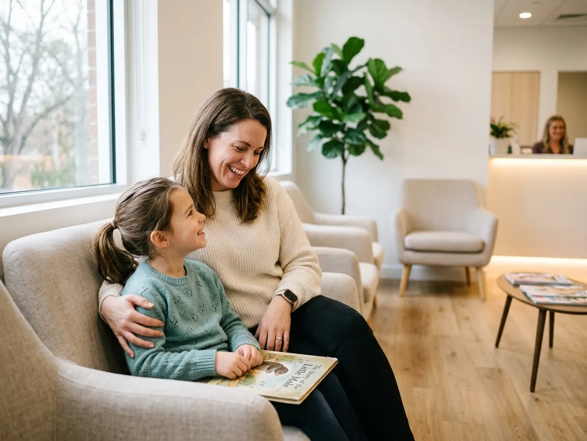 A smiling mother and daughter in a dental practice waiting room