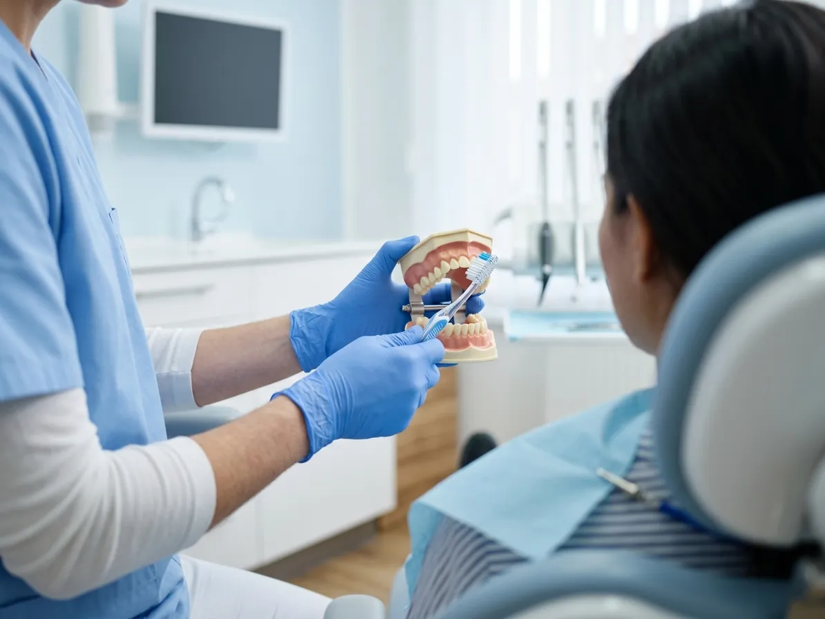 Brushing advice shown on a dental model during a preventive visit