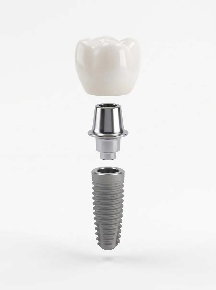 The three parts of a dental implant: ceramic crown, abutment and titanium implant