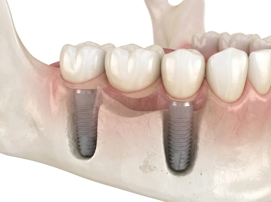 Three-tooth bridge fixed on two dental implants