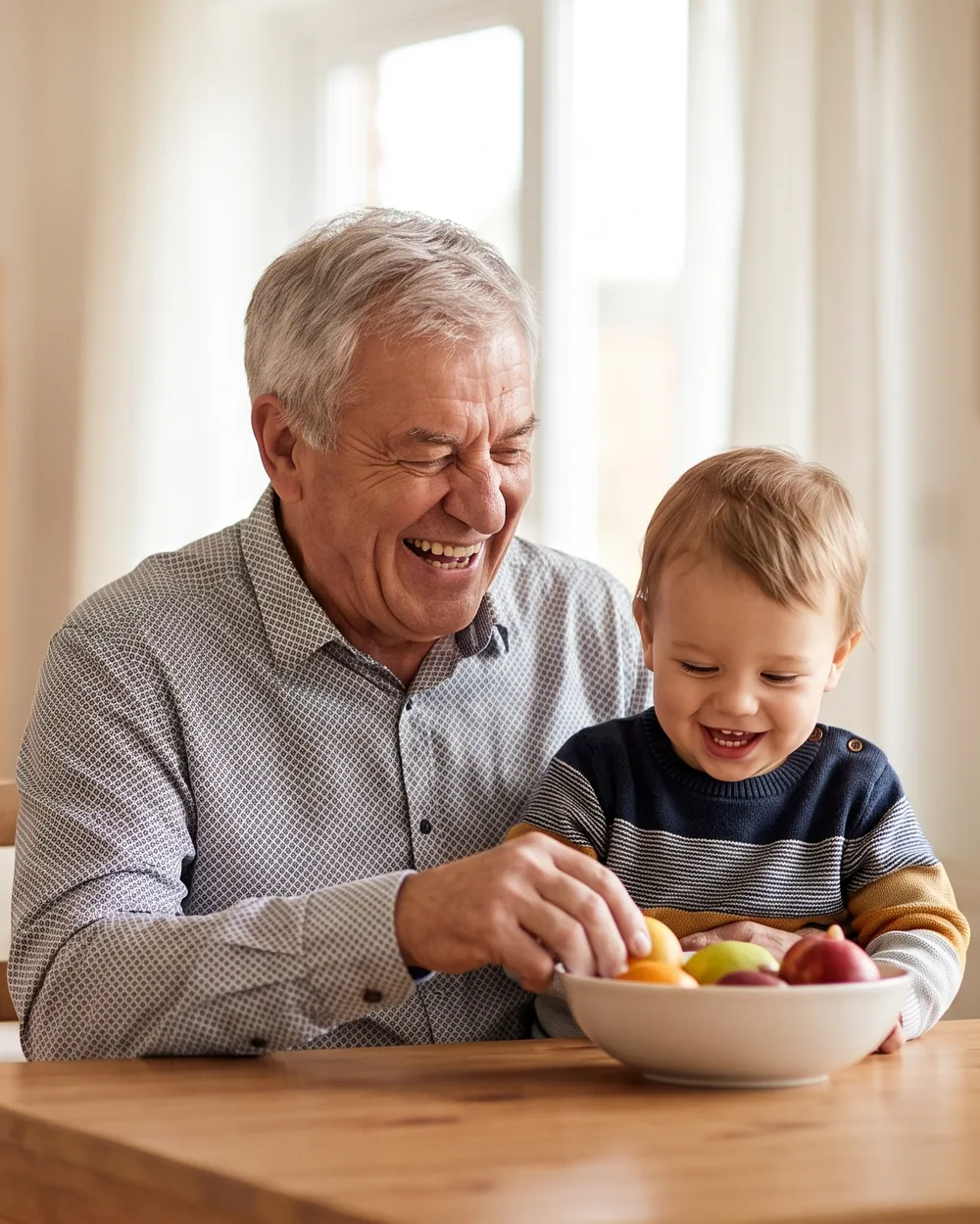 Grandfather laughing at the table with his grandchild