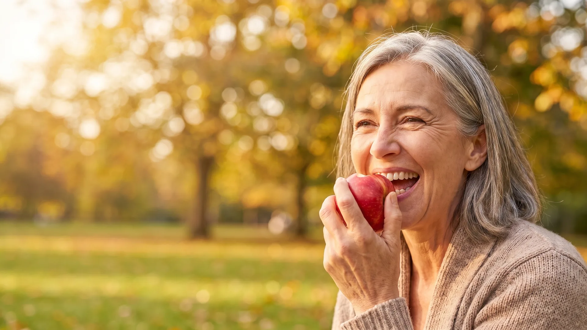 Smiling woman biting into an apple in a park